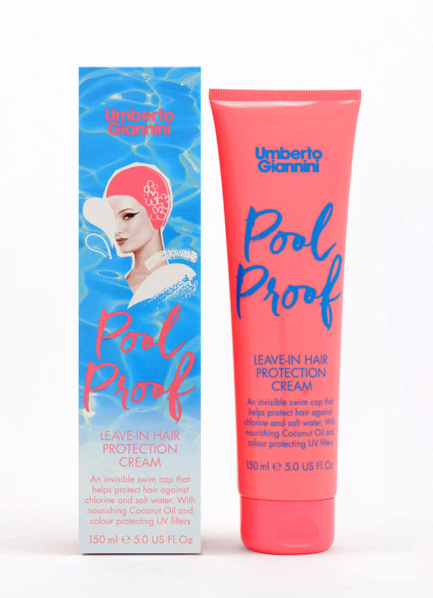 Umberto Giannini Pool Proof leave in hair conditioner product & packaging, white background. Fun, quirky illustration.
