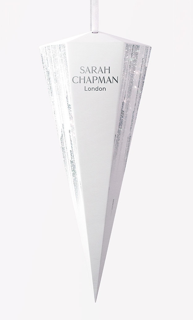 Sparkling white icicle shaped Sarah Chapman hanging gift box, bauble. Christmas 2018. Packaging design by Andsome Ltd