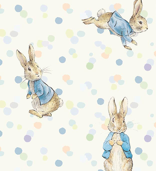 Beatrix Potter Peter Rabbit pattern swatch. Characters and watercolour dots on cream background. Design by Andsome Ltd