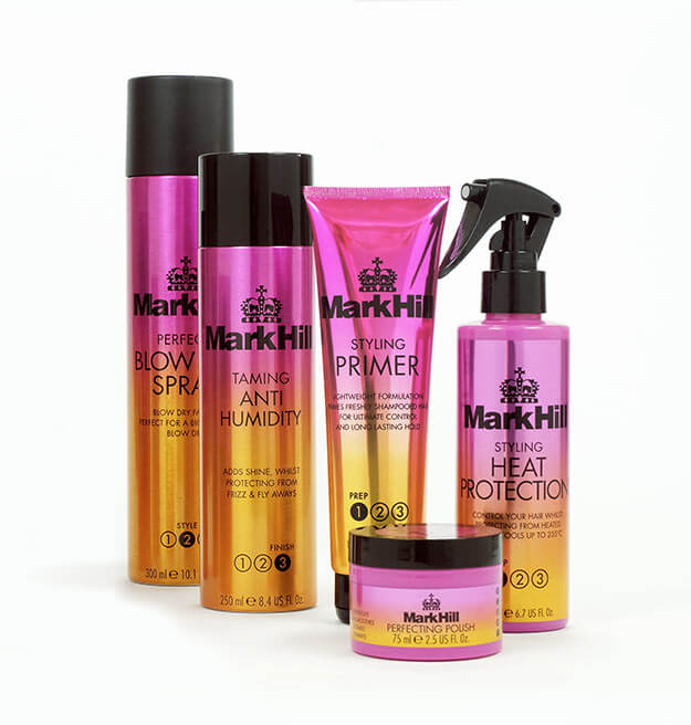 Mark Hill styling & haircare products line up, white background. Glossy pink, orange & black packaging. Design by Andsome Ltd