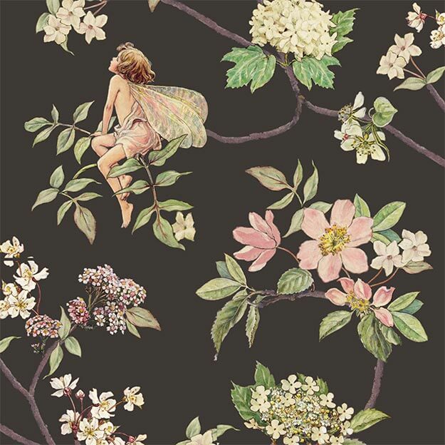 Cicely Mary Barker Flower Fairies print swatch. Beautiful pastel coloured floral chinoiserie pattern, black background 