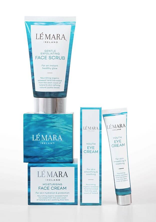 Asda Le Mara Ireland, Irish Seaweed Skincare products, range line up. Blue sea image. EPC. Design by Andsome Ltd