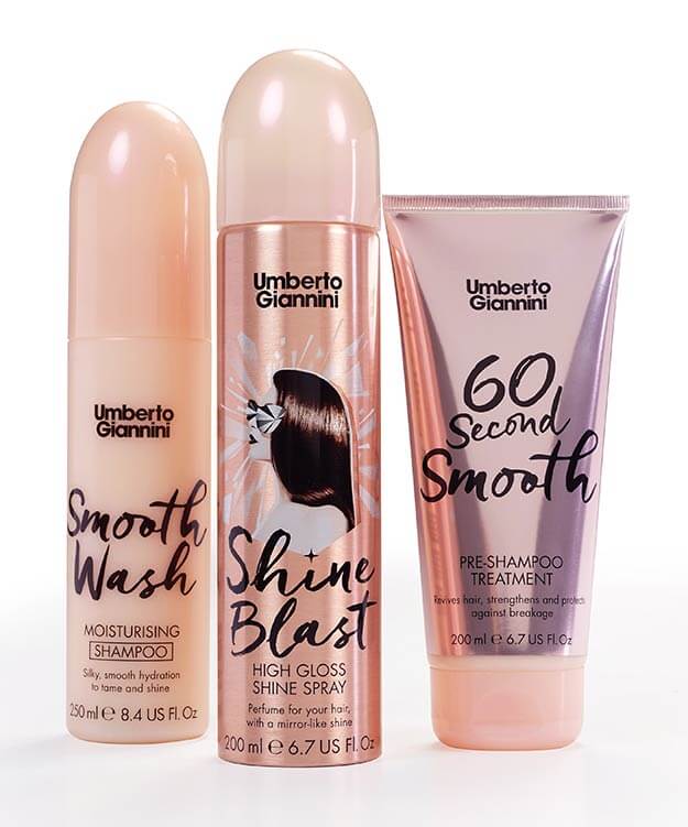 Umberto Giannini Smooth haircare & styling range, rose gold packaging. Quirky illustration