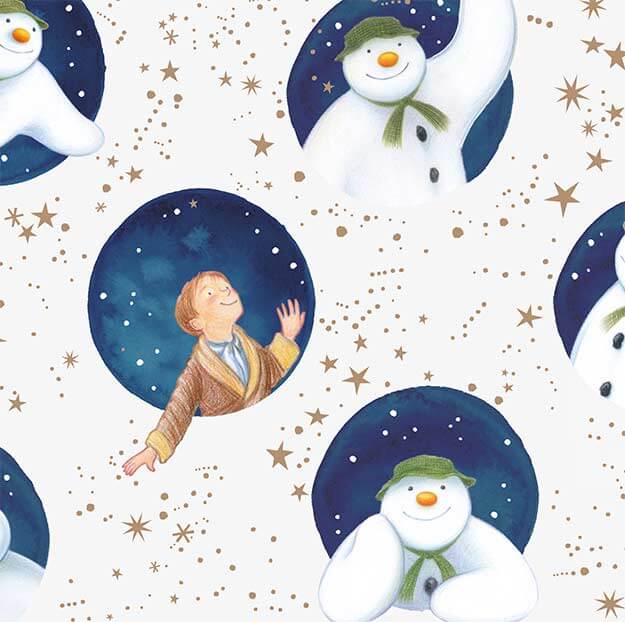 Raymond Briggs’ The Snowman and James pattern swatch. Characters inside blue circles, white snowy star background.